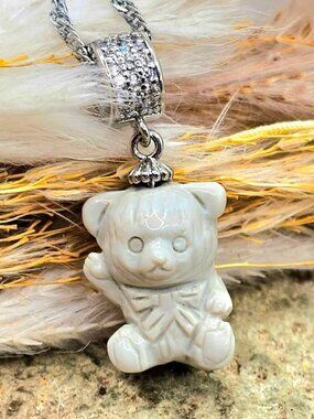 Nature Alashan Agate Hand Carved Bear Pendant Necklace